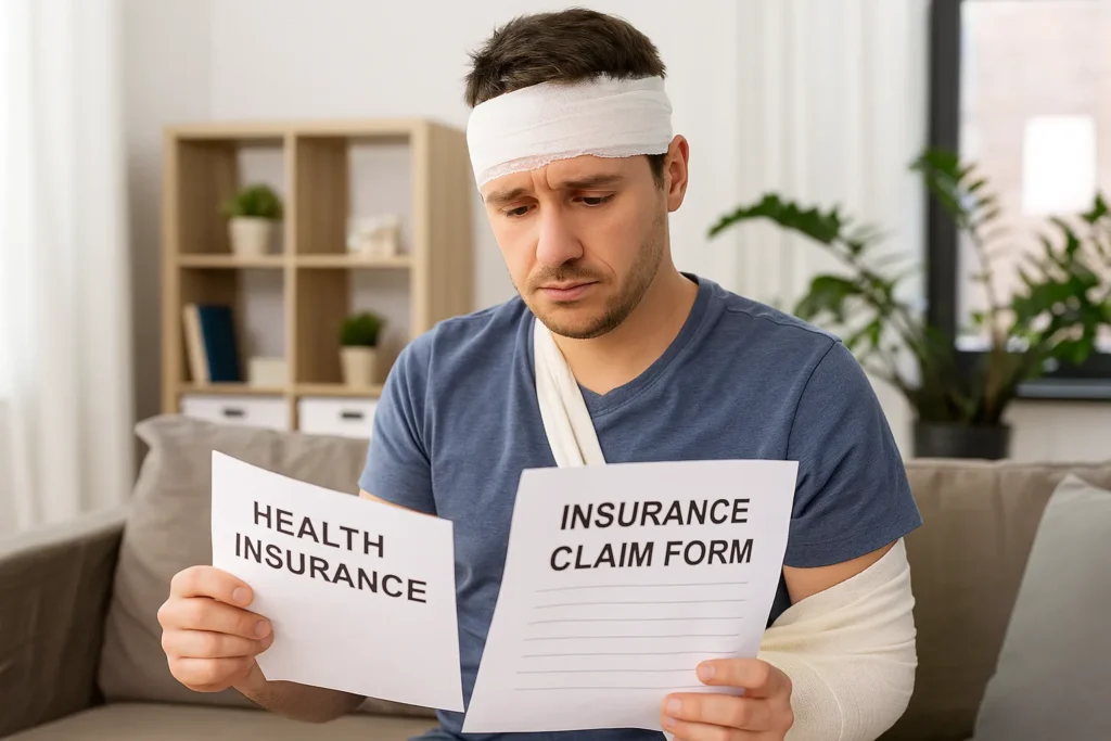 Injured man with head bandage and arm sling reviewing insurance documents at home, concerned about claim outcomes.