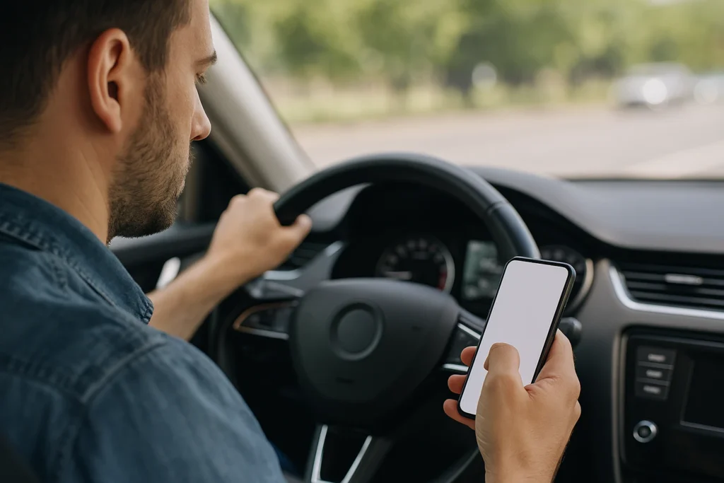 Driver holding a smartphone while steering on a California road