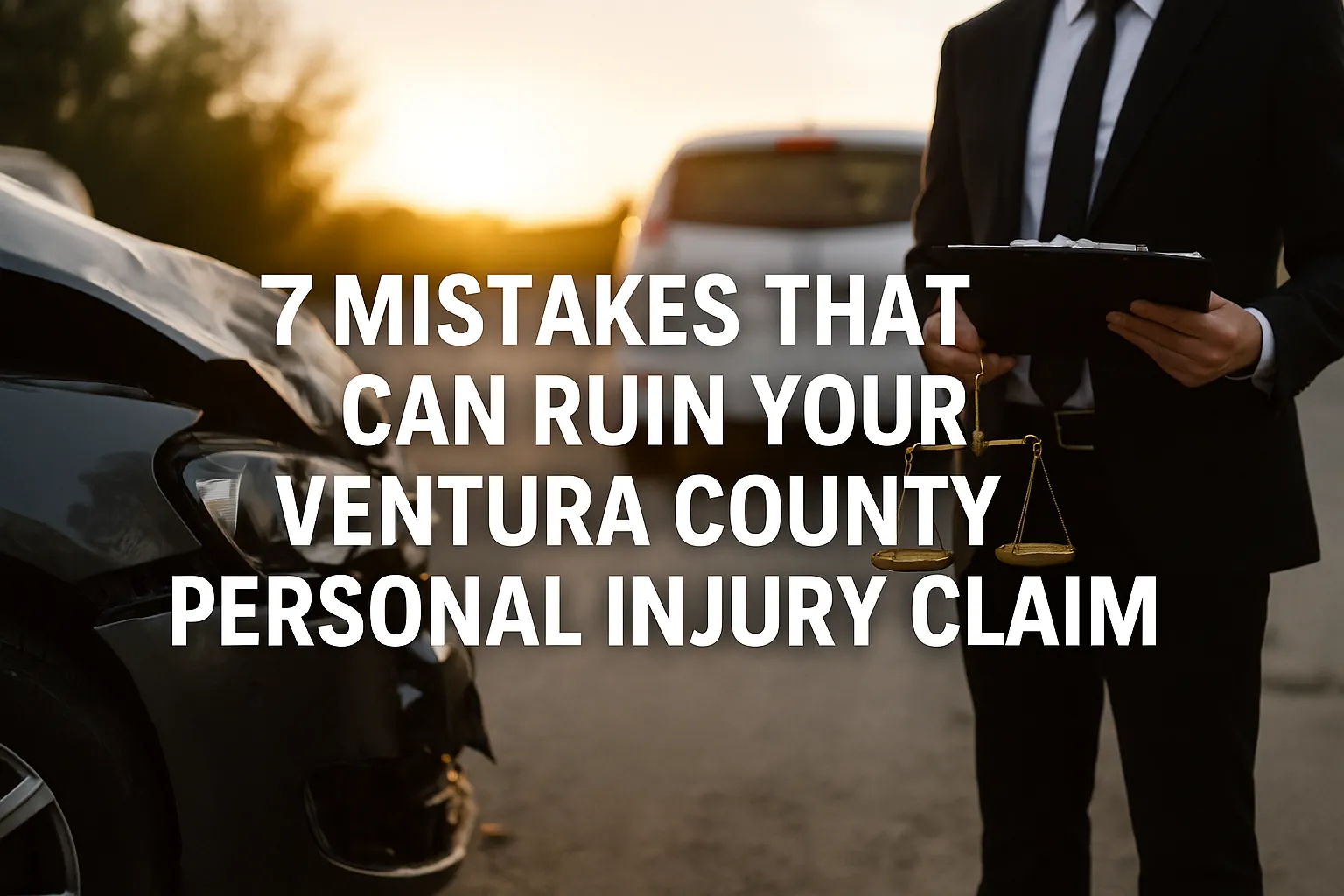 Damaged car and attorney at crash scene with text overlay about Ventura County personal injury mistakes.