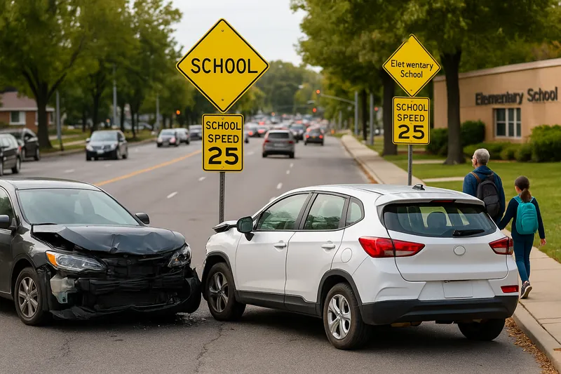 Car accident in a busy school zone with children nearby, highlighting dangers of speeding and distracted driving in Ventura County.