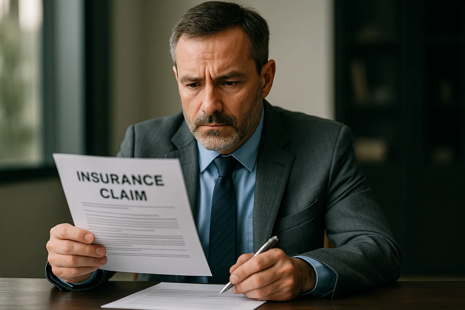 Insurance adjuster reviewing a claim document at a desk in a professional office.