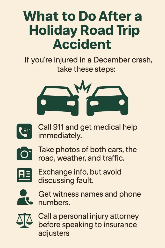 Infographic titled "What to Do After a Holiday Road Trip Accident" with steps: call 911 and get medical help, take photos of cars, road, weather and traffic, exchange information without admitting fault, collect witness names and phone numbers, and call a personal injury attorney before speaking to insurance adjusters.